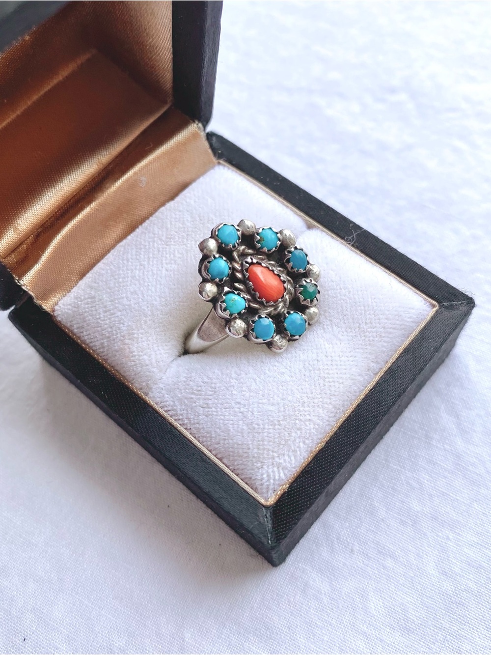 Vintage Sterling Silver Turquoise & Coral Cluster Ring - size 7